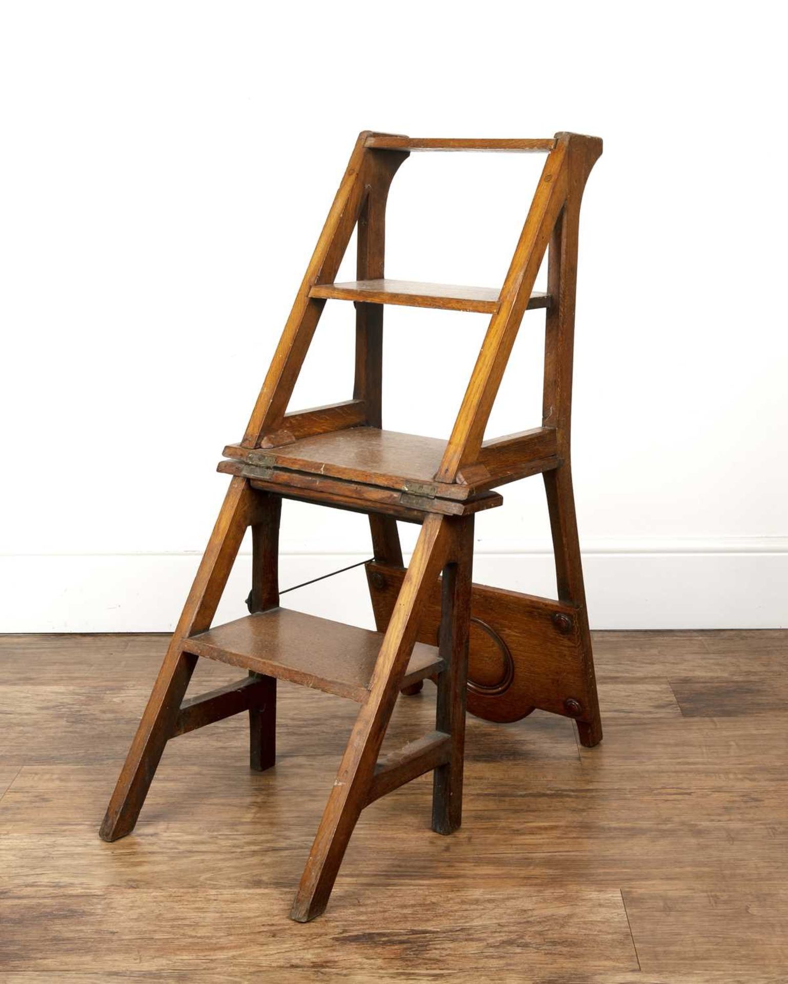 Oak metamorphic chair/library steps Victorian, with carved roundel back, 89cm high overall when - Image 4 of 5