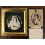Two miniature portraits to include an Edwardian study of a lady, monogrammed MD, in an oval gold