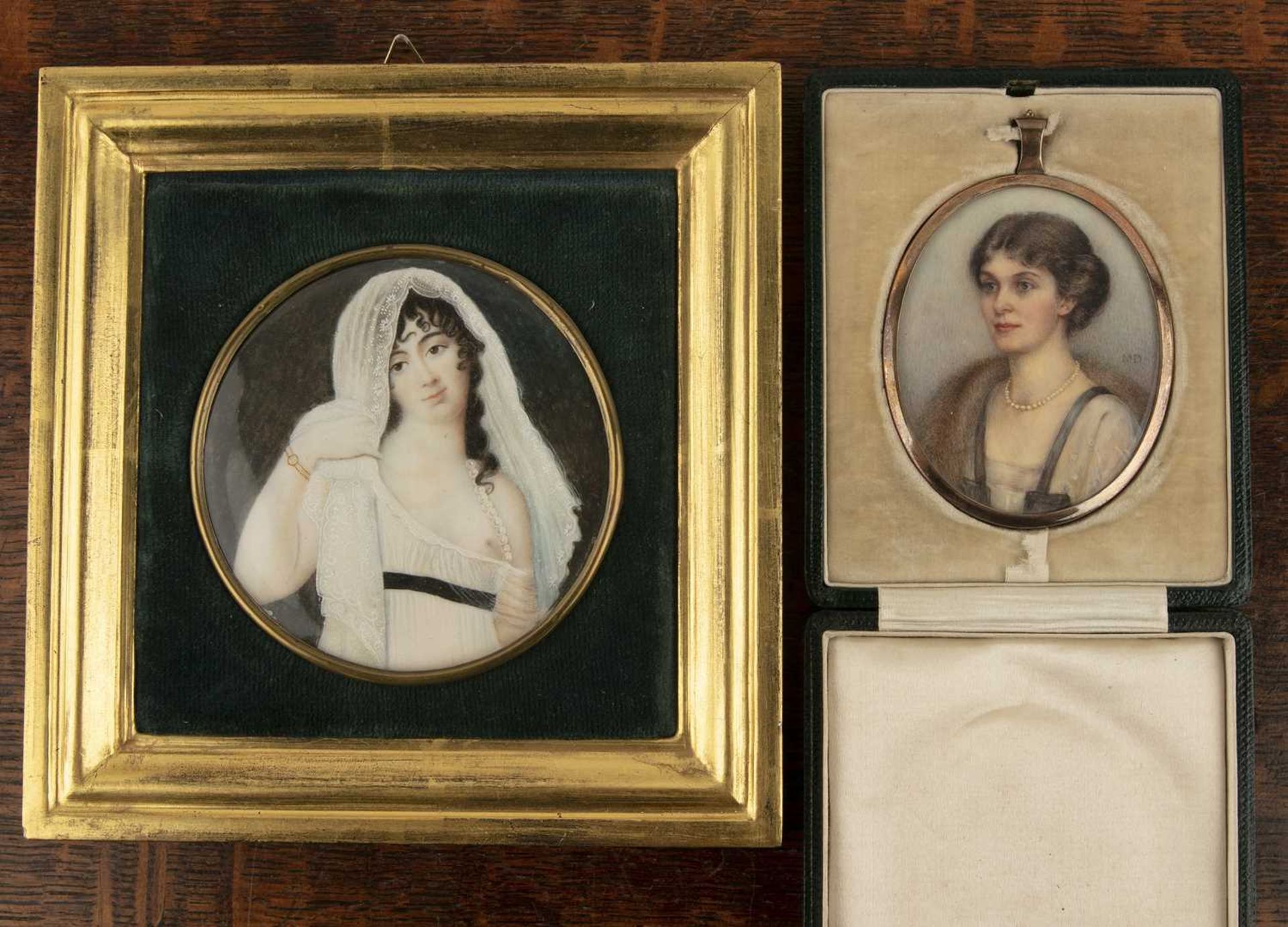 Two miniature portraits to include an Edwardian study of a lady, monogrammed MD, in an oval gold