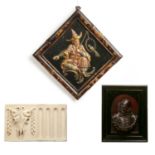 Plaster relief moulded study of a figure with a parrot in a bamboo frame, 32cm square overall, an