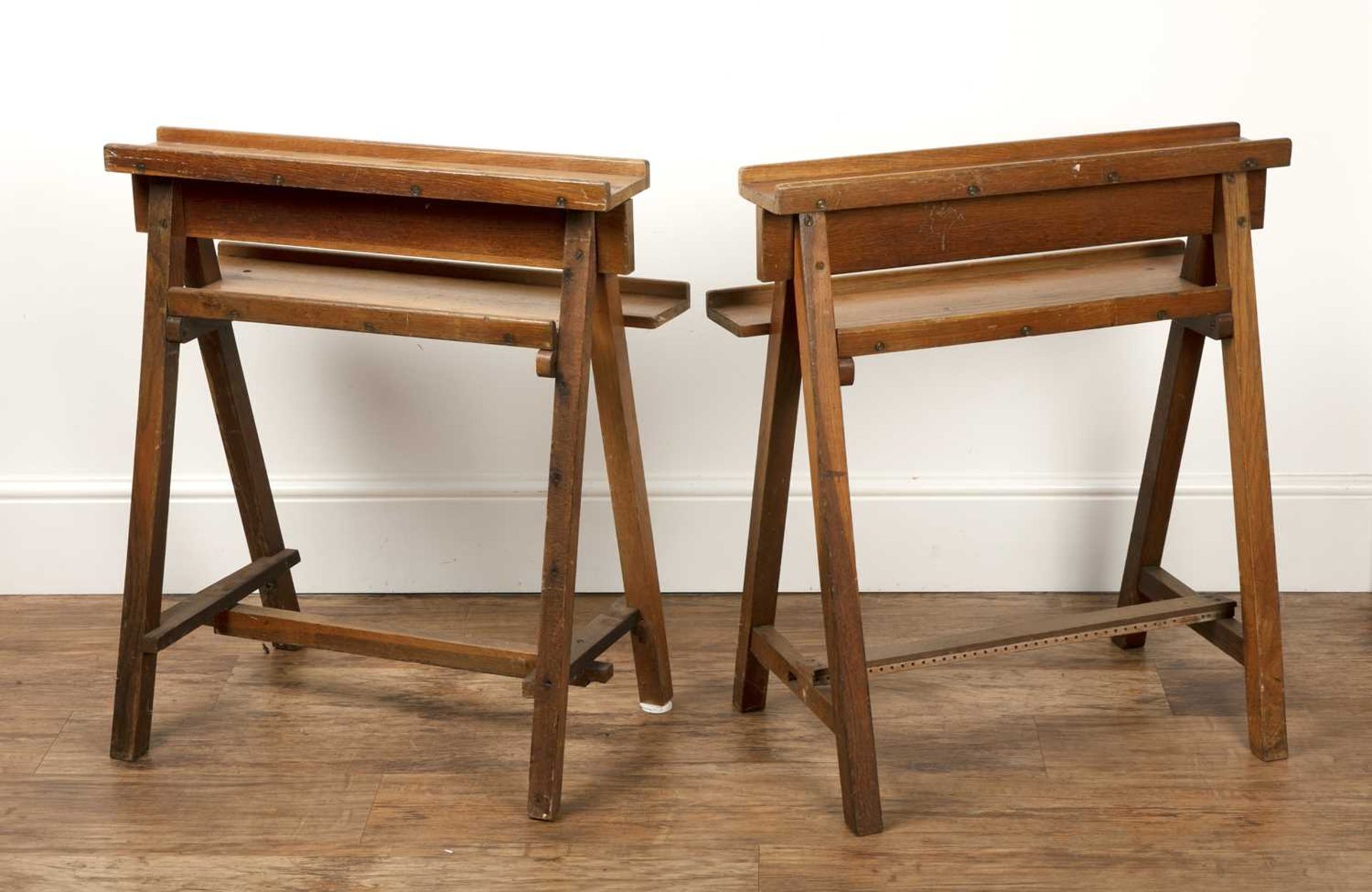 Pair of oak artist trestle easels late 19th/early 20th Century, 66cm wide x 74cm high x 39cm deep - Image 2 of 2