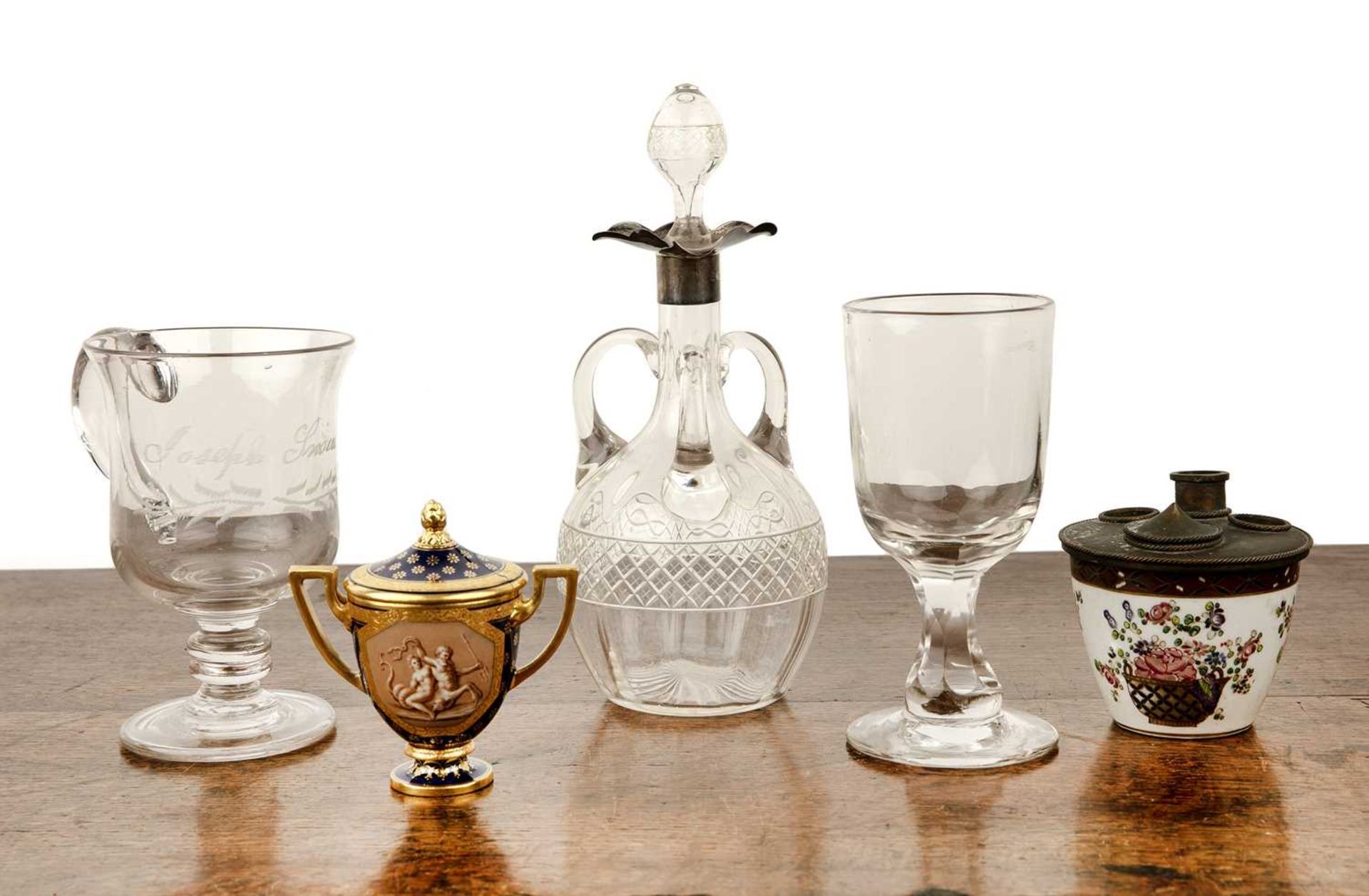 Group of pieces including a glass whisky decanter with a silver rim, 24cm high, a Samson porcelain