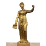 19th Century French School gilt bronze figure of a lady, with her left arm raised and her right hand