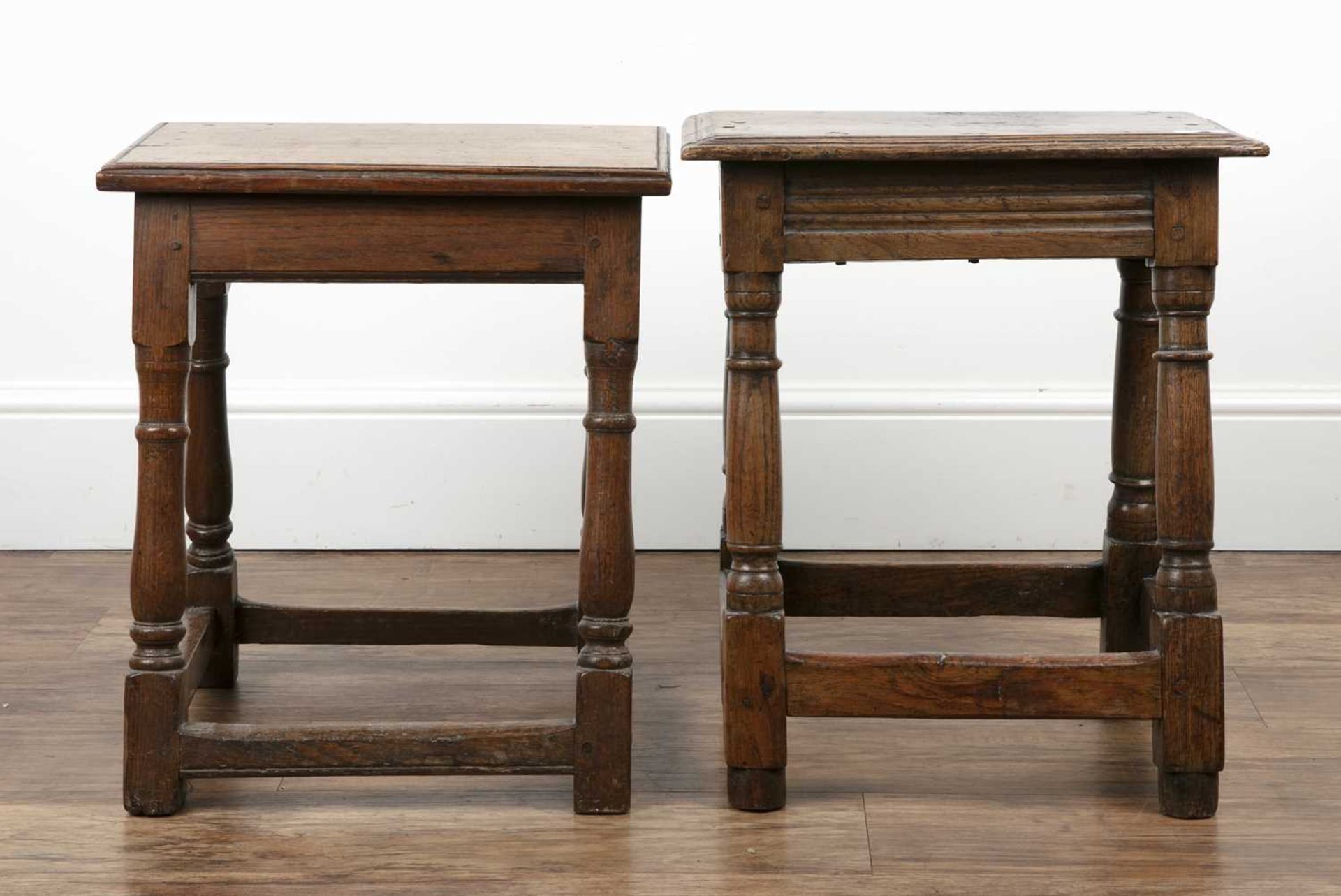 Two oak joint stools 18th Century and later, the larger example measures 44cm x 27.5cm x 51.5cm, the - Image 3 of 5