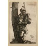 After Albrecht Durer The Bagpiper, engraving, signed with initials and dated 1514, paper laid on a