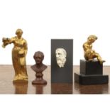 Group of four pieces to include a miniature Meissen bust, 7cm high, a gilt bronze putti on a stepped