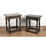 Two oak joint stools 19th Century and later, one with a carved stylised frieze on turned supports,