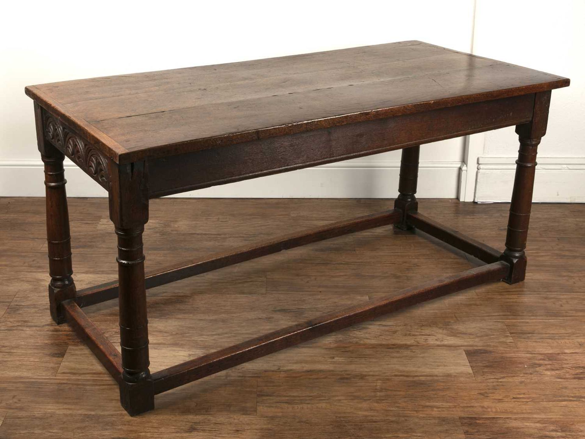 Oak plank top refectory table 18th Century and later, on turned supports and stretcher,, 156cm x - Image 3 of 10