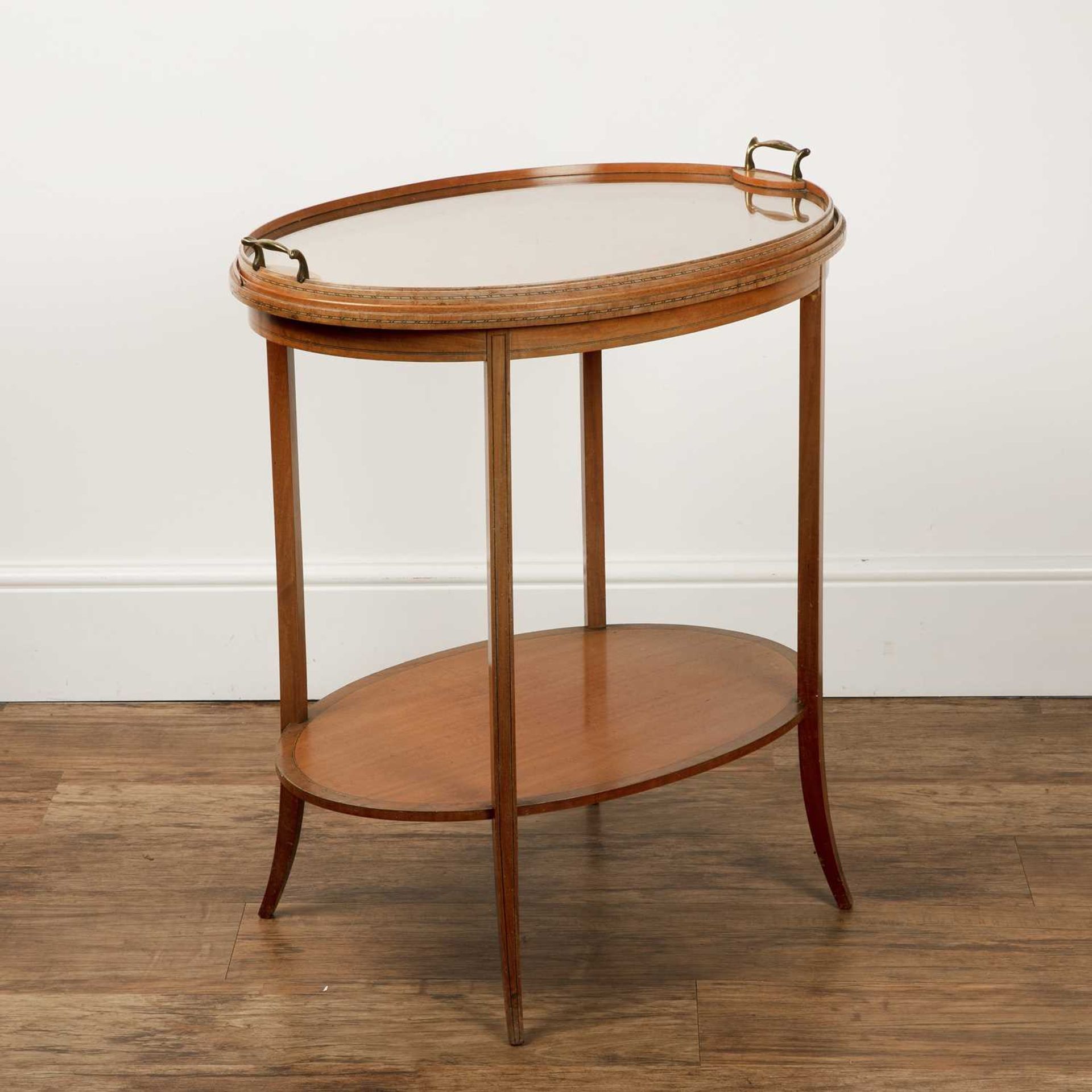 Oval two tier table satinwood with a tray top, 66cm long x 46cm wide x 72cm highIn generally good