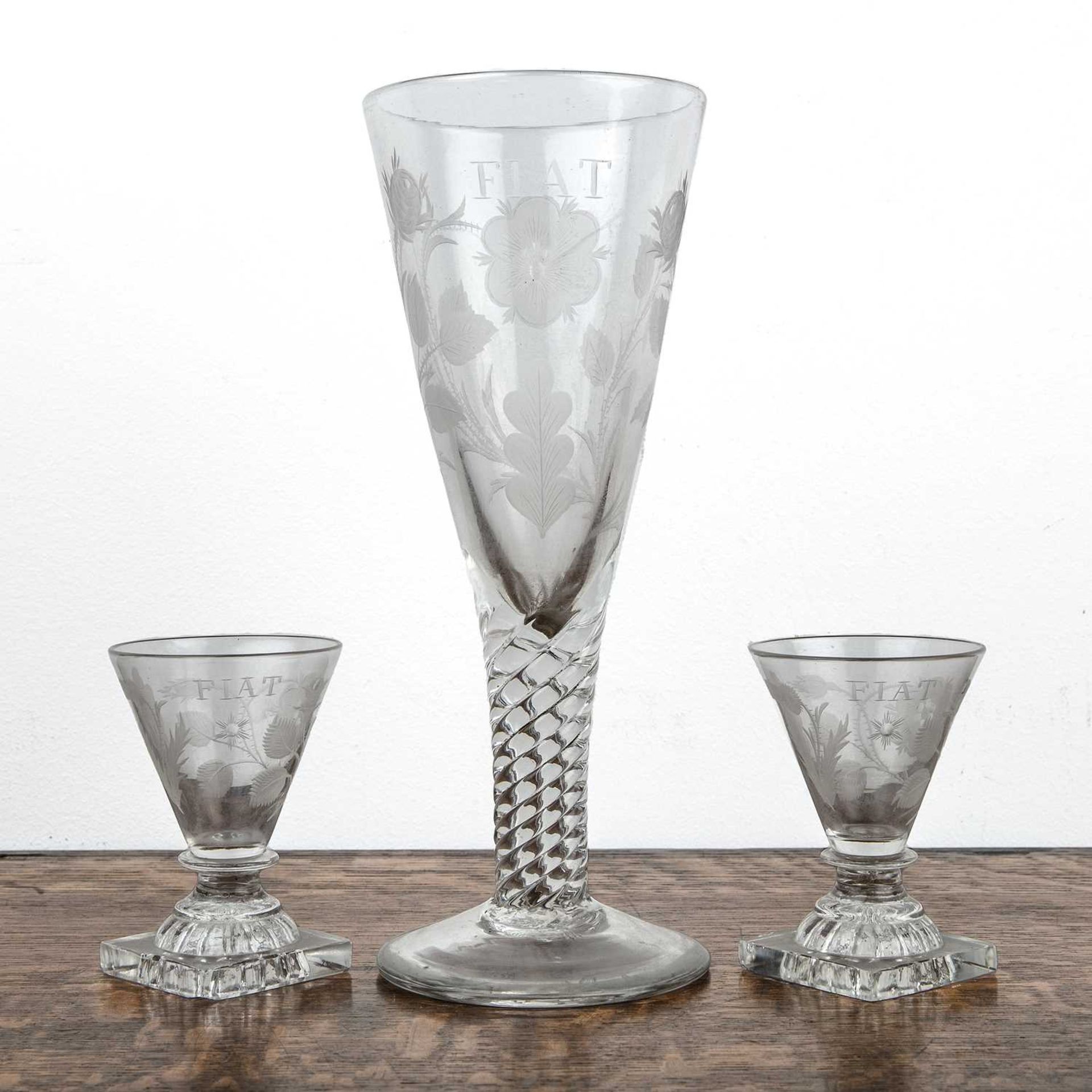 Jacobite revival 'Fiat' glass of trumpet form, engraved with Fiat above a star and oakleaf, 27cm