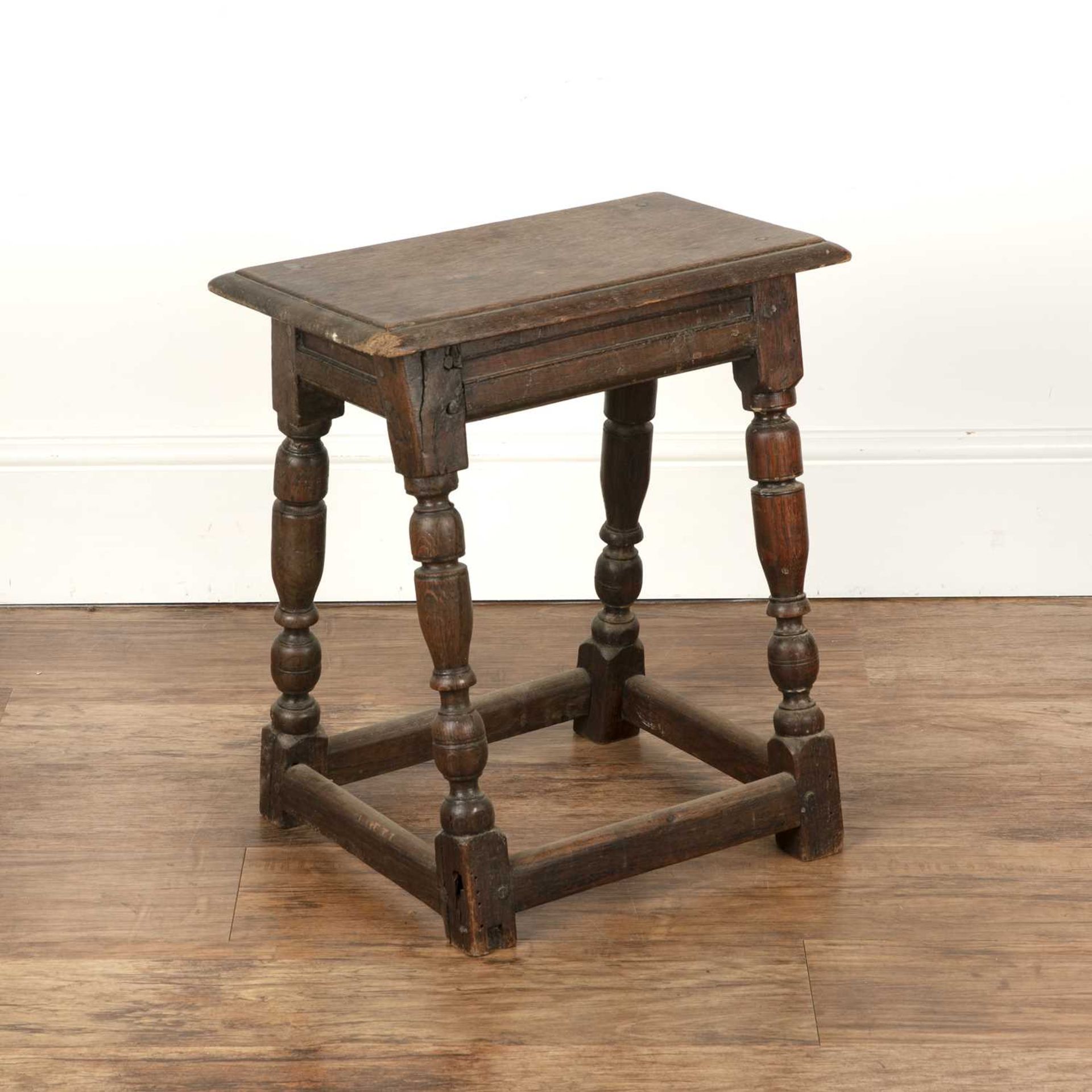 Oak joint stool with turned supports and stretchers, 45cm wide x 25cm deep x 52cm high