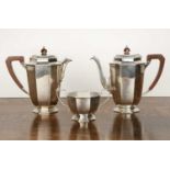 Art Deco three-piece silver tea/coffee set bearing marks for Mappin & Webb, Sheffield, 1933 and