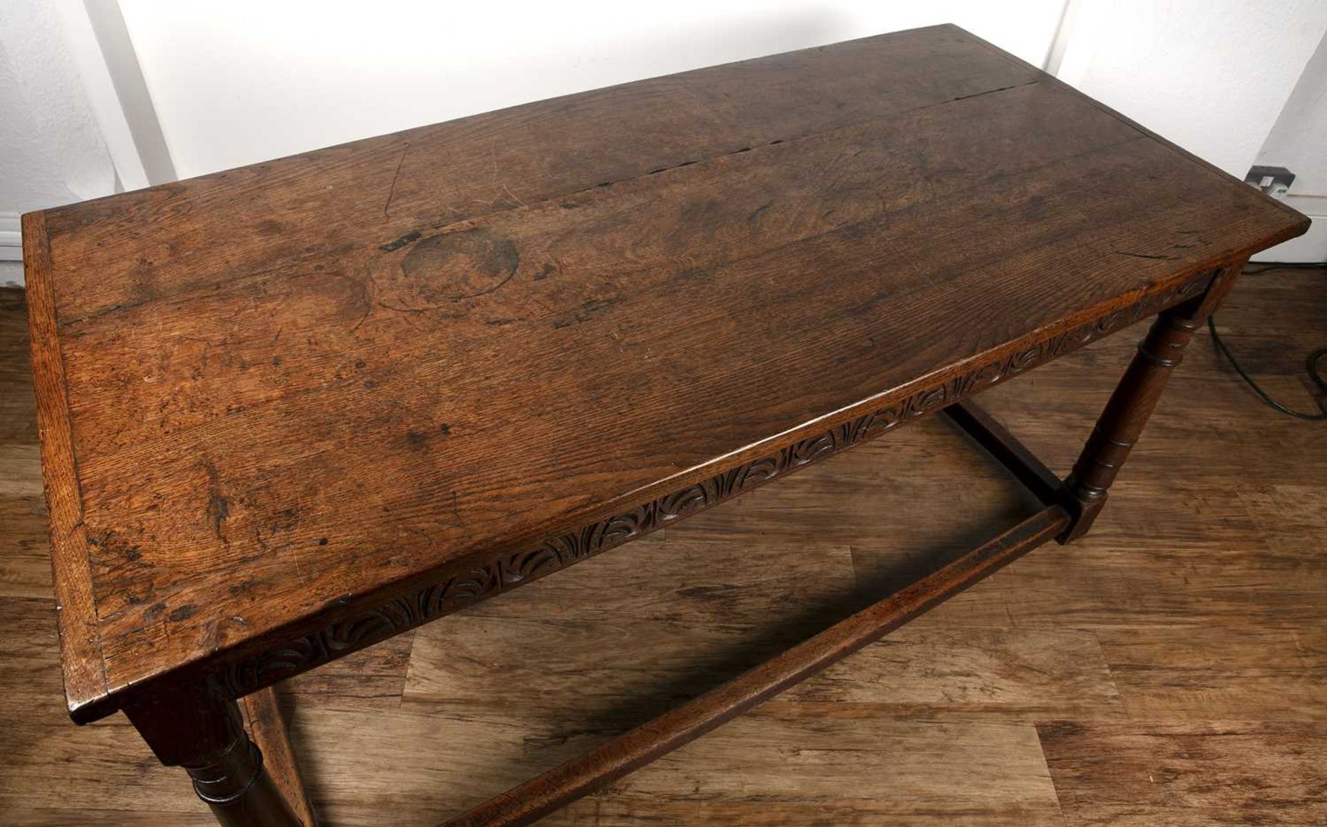 Oak plank top refectory table 18th Century and later, on turned supports and stretcher,, 156cm x - Image 5 of 10