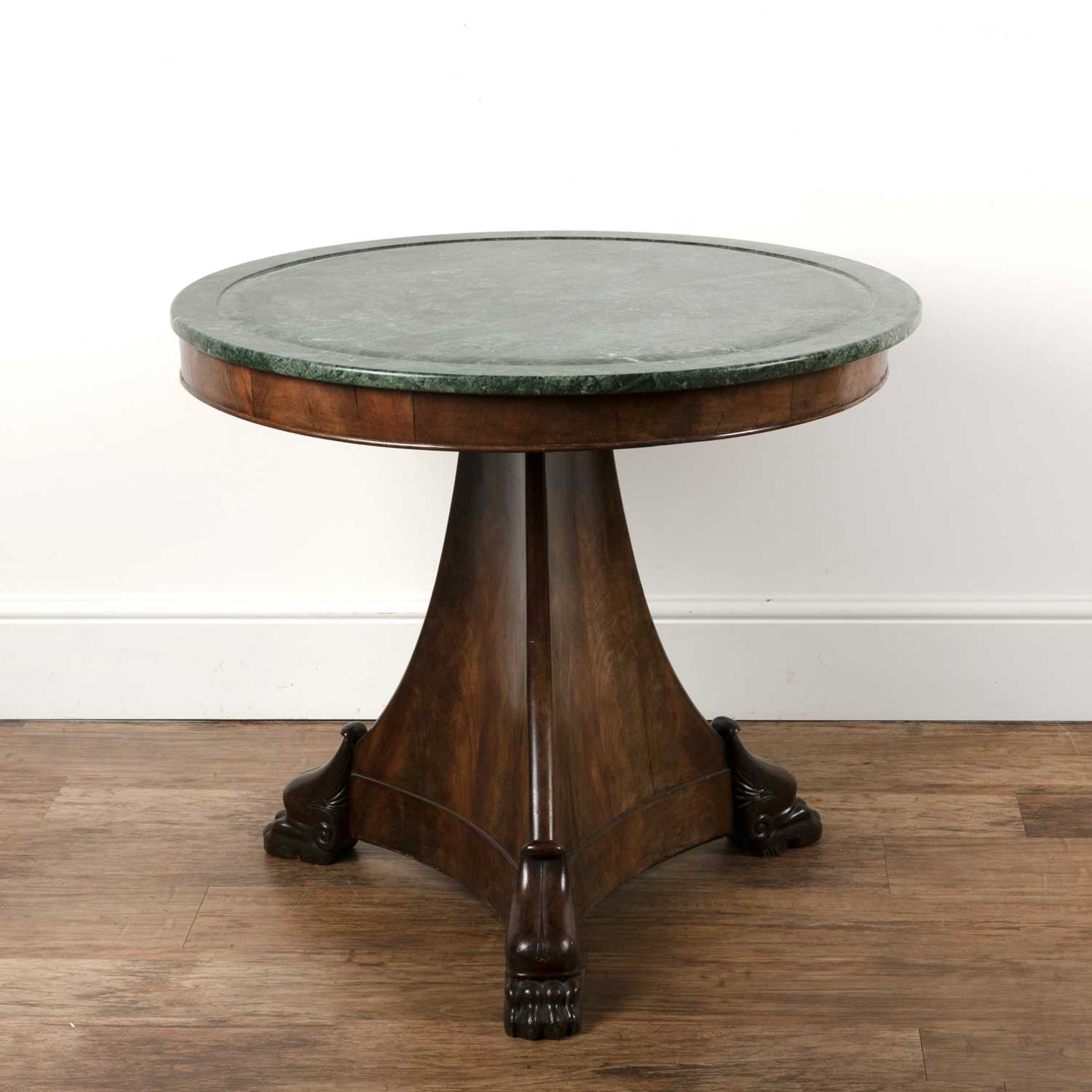 Mahogany centre or library table With a later green marble top, a triform base, and claw feet, 83.
