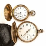 Two continental precious yellow metal hunter pocket watches both with white enamel dials having