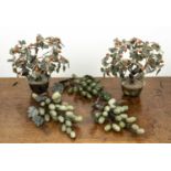 Pair of hardstone model miniature trees Chinese, each with a bowenite jardiniere, approx 20cm