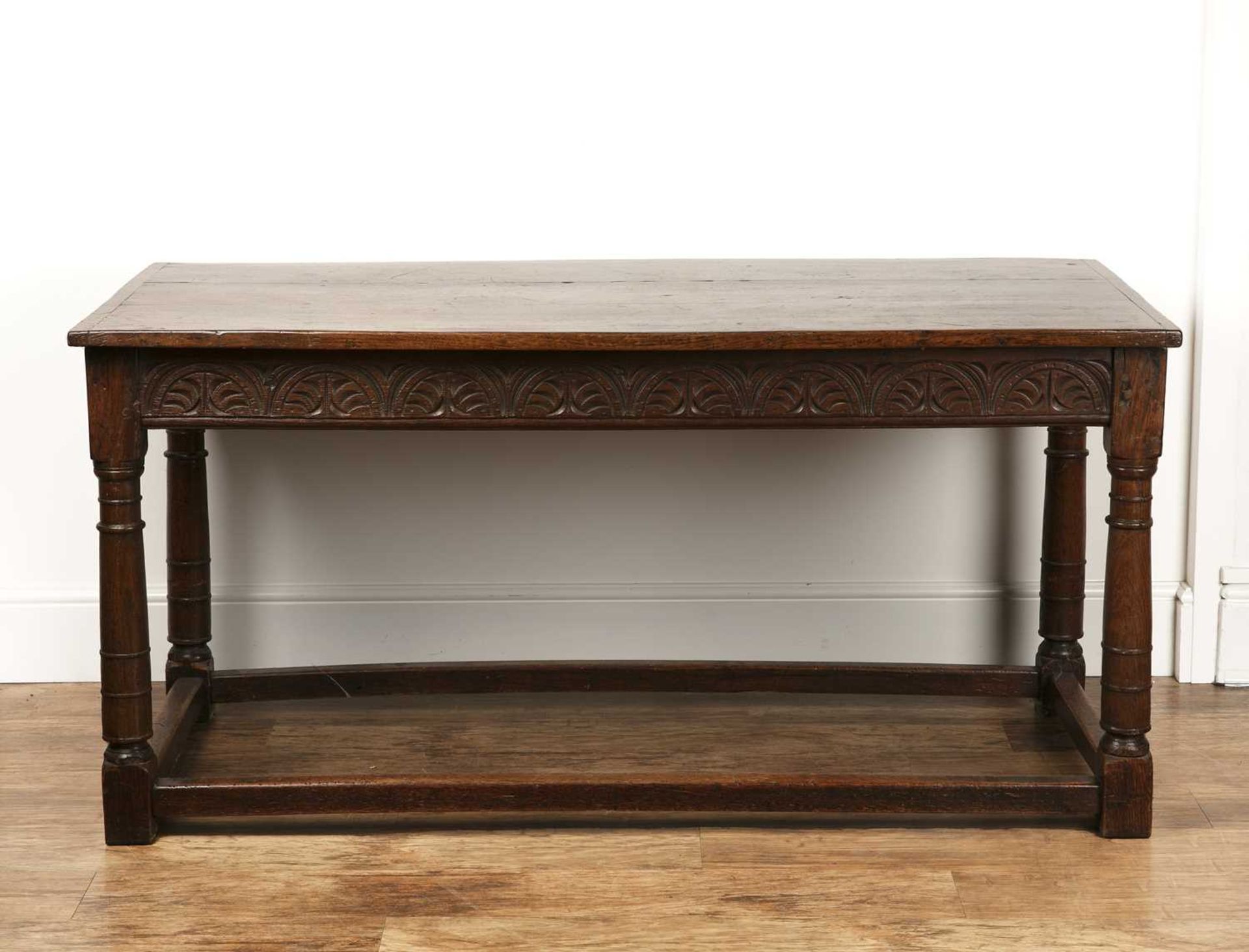 Oak plank top refectory table 18th Century and later, on turned supports and stretcher,, 156cm x - Image 6 of 10