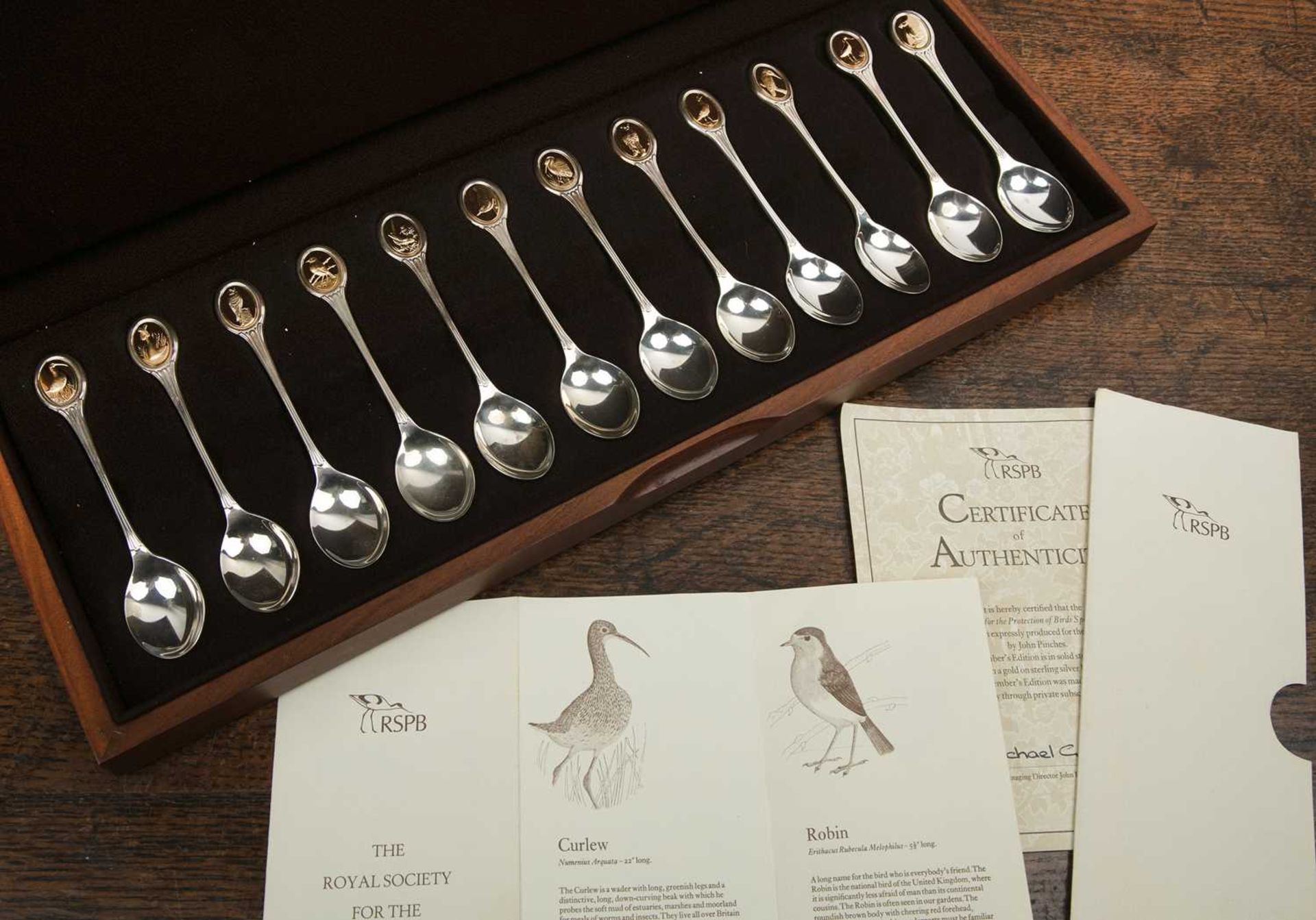 Cased set of twelve silver RSPB spoons 'The Royal Society for the Protection of Birds spoon