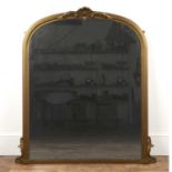 Gilt painted over mantel mirror with arch top and applied shell decoration, 100cm wide x 112cm
