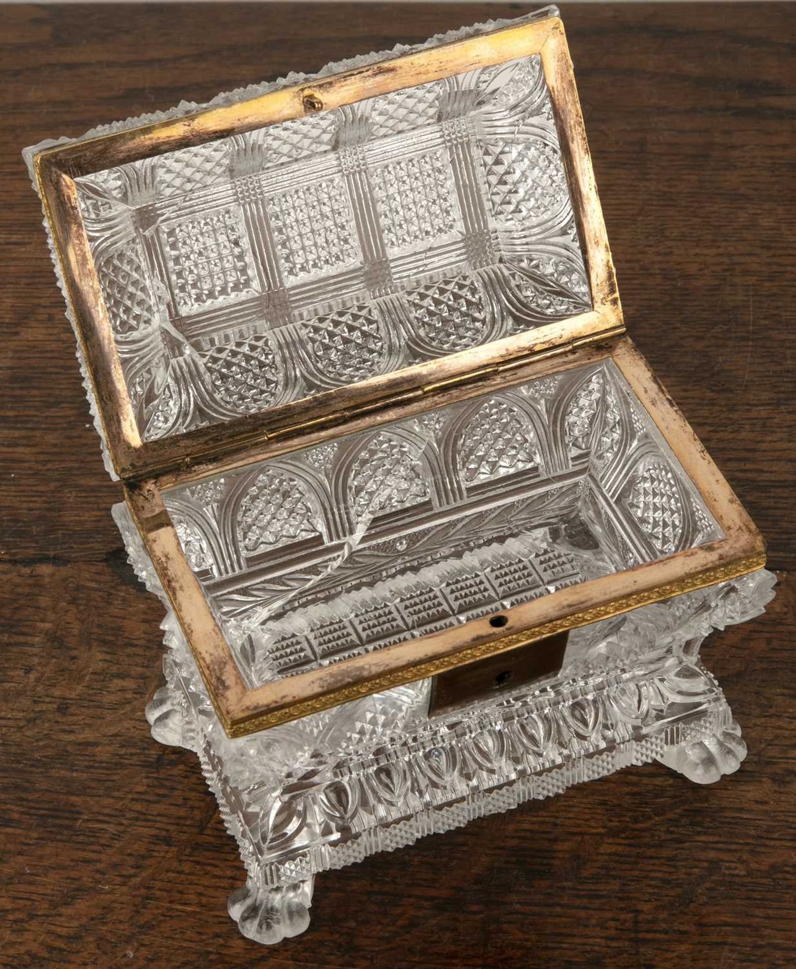French Charles X style glass casket or coffin with gilt metal mounts on a pressed or moulded glass - Image 5 of 5