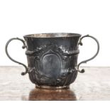 George I silver porringer cartouche with engraved monogram which reads 'ML EL 1715', with twin