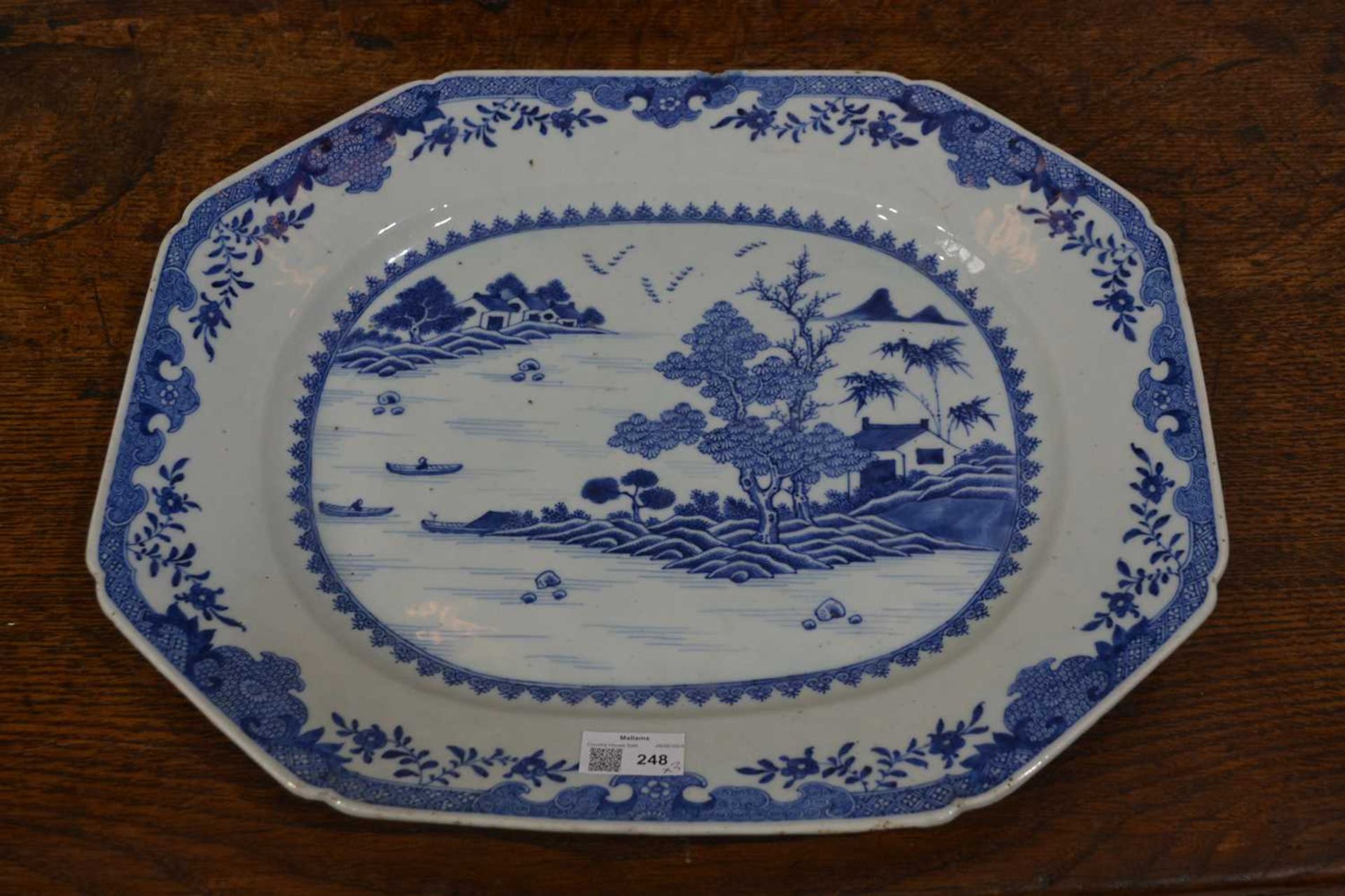 Three blue and white export dishes Chinese, circa 1800, the largest meat plate with tree and - Image 14 of 15