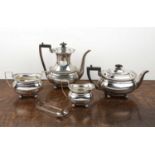 Four-piece Victorian silver tea set of simple form with gadrooned top rim, bearing marks for