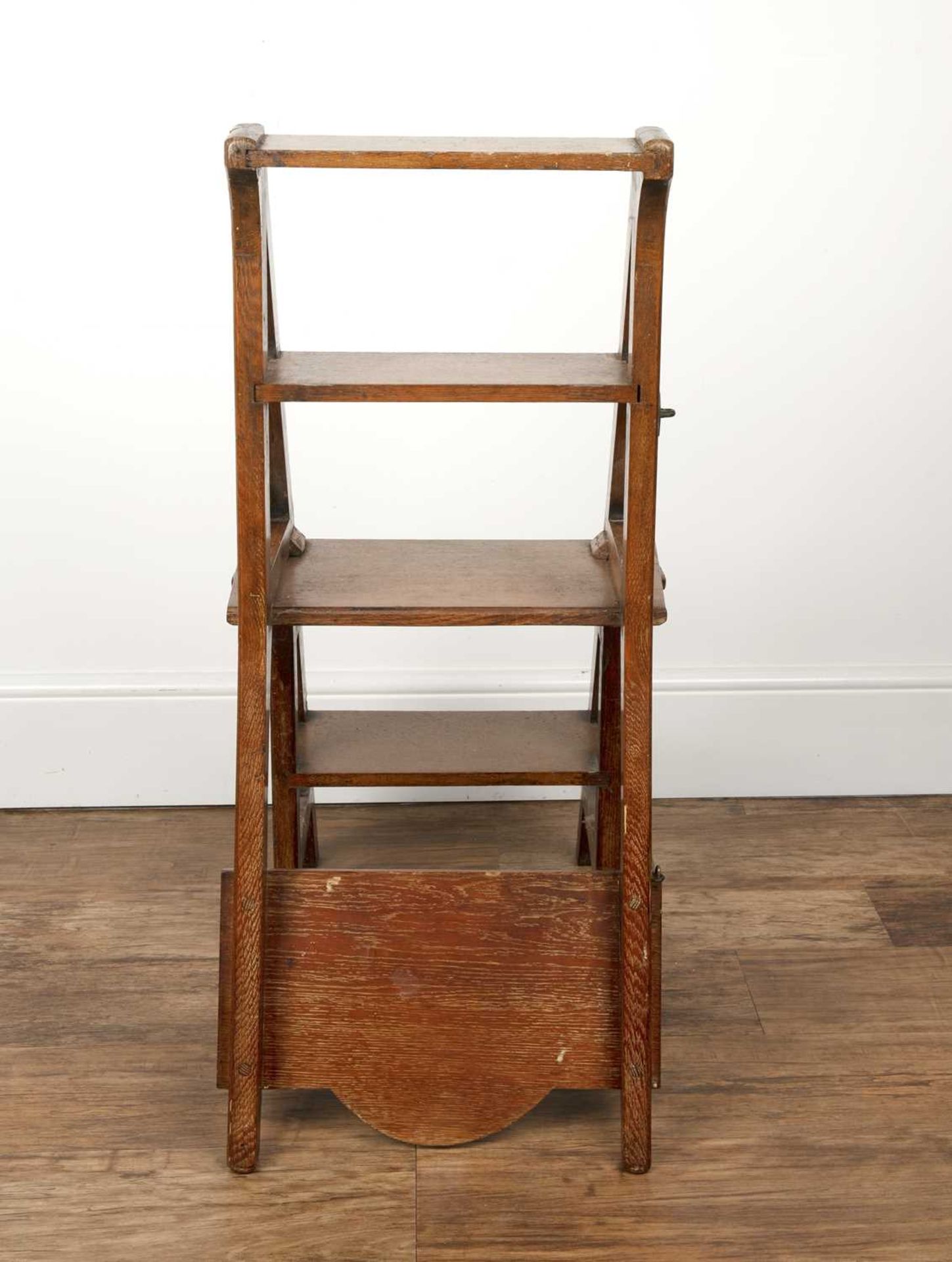 Oak metamorphic chair/library steps Victorian, with carved roundel back, 89cm high overall when - Image 5 of 5