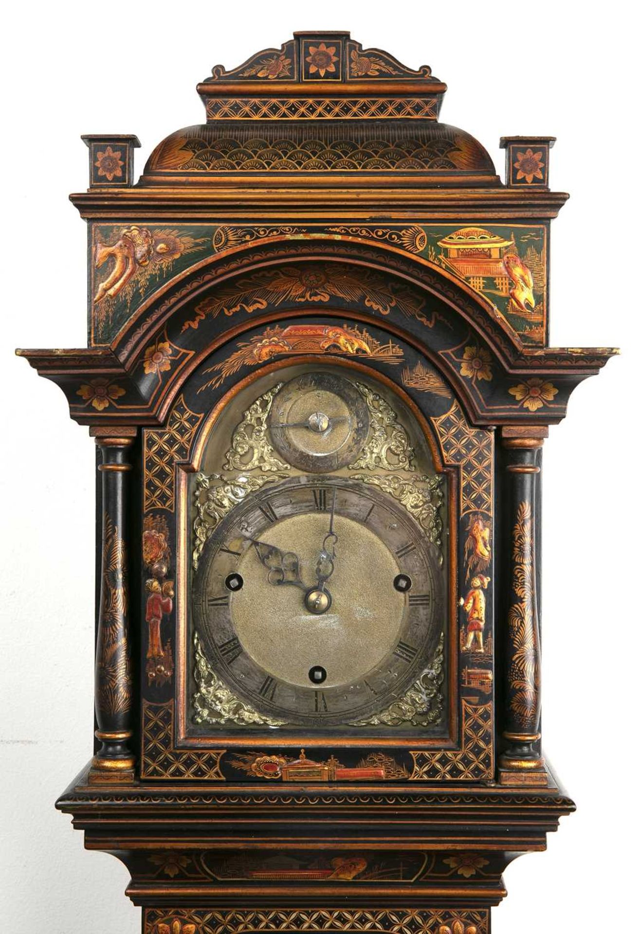 Early 20th Century black japanned grandmother clock the break arch brass dial with roman chapter - Image 2 of 35