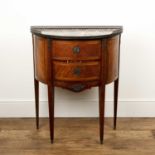 Half round French style inlaid commode with a marble top, 70cm wide x 36cm deep x 86cm highMarble