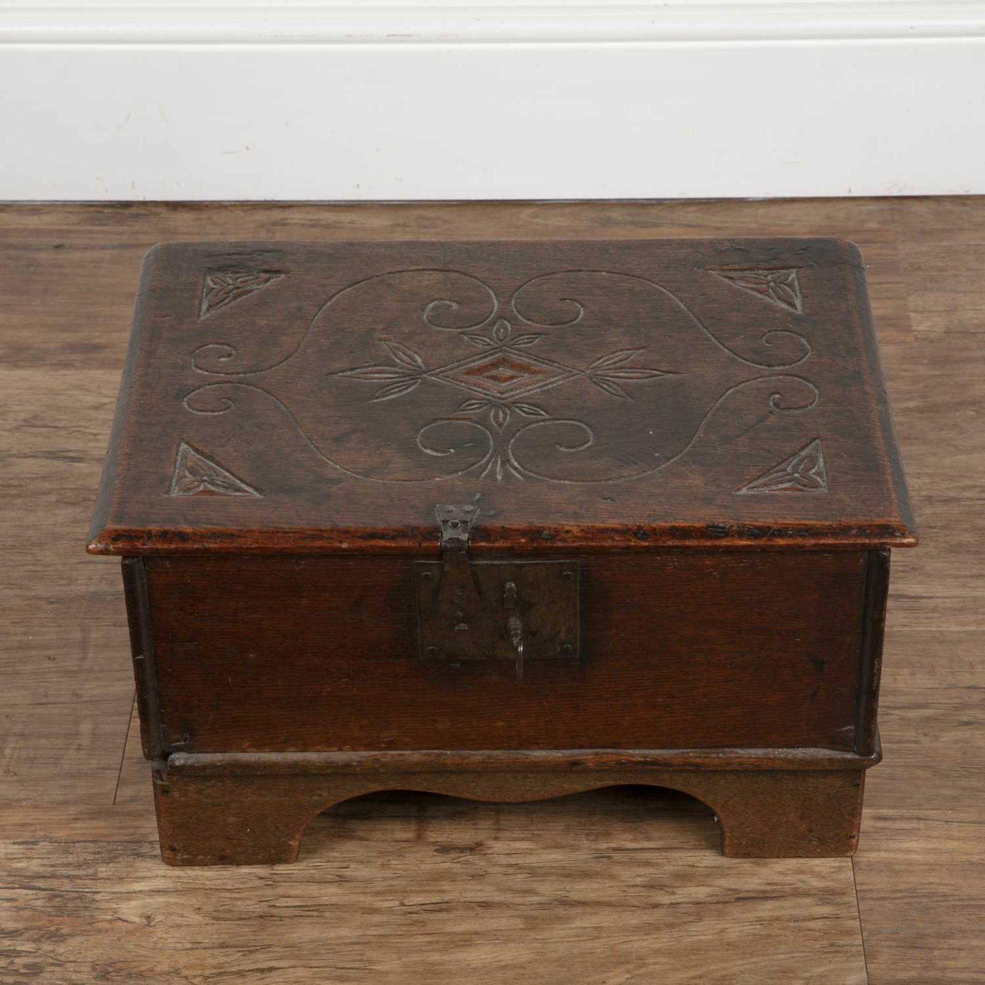 Oak box on stand late 17th/early 18th Century, with carved decoration to the top amd iron lock - Image 2 of 5