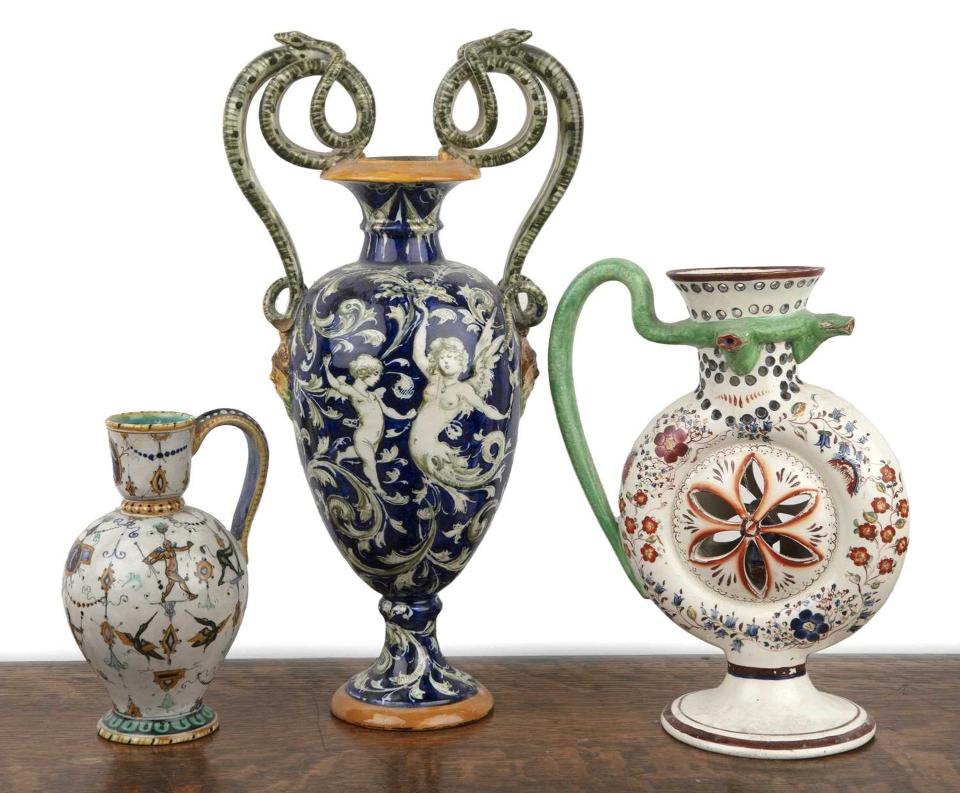Group of creamware and majolica including an Italian cobalt blue vase with mask and serpent handles, - Image 2 of 3