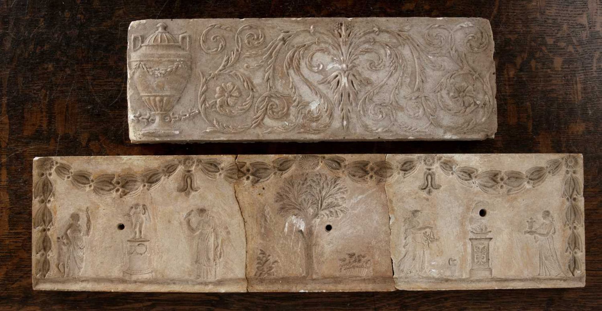 Four classical-style plaster friezes largest, 32cm x 11cm Provenance: The property of a Gentleman,