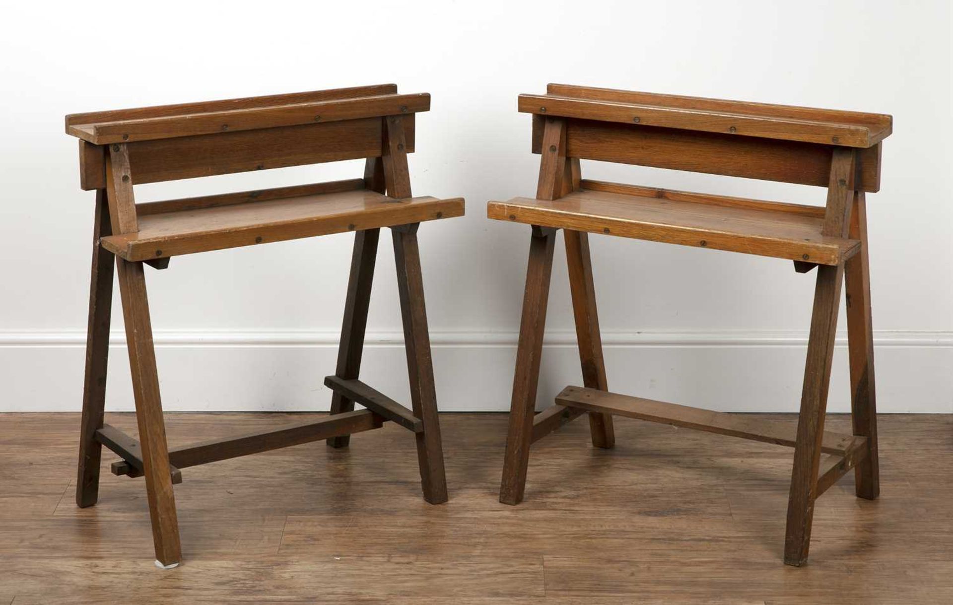 Pair of oak artist trestle easels late 19th/early 20th Century, 66cm wide x 74cm high x 39cm deep