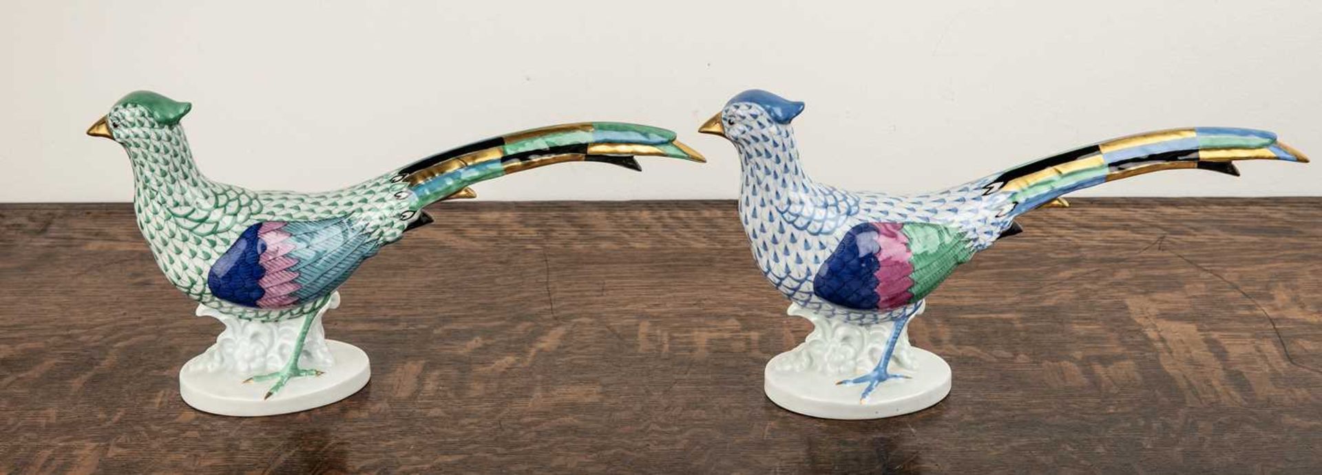 Pair of Herend porcelain pheasants decorated mainly in blue and green, with gilt highlights, printed - Image 2 of 3