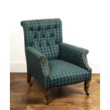Reupholstered armchair Victorian, with label 'Robertson and Coleman Limited', on turned legs and