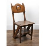 Oak metamorphic chair/library steps Victorian, with carved roundel back, 89cm high overall when