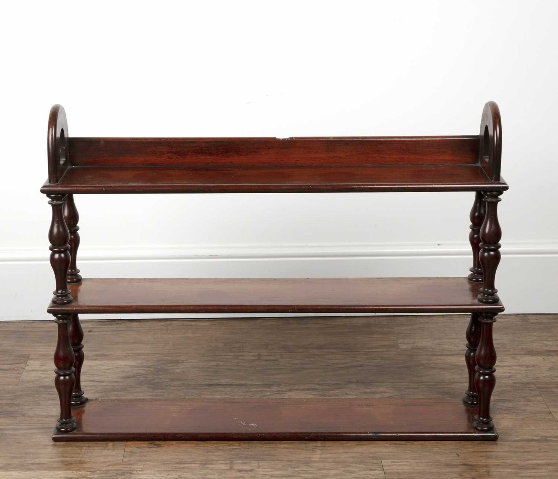 Mahogany three tier shelf Victorian, with turned supports, 81cm wide x 60cm high x 16cm deepWith - Image 2 of 4