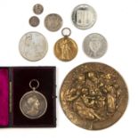Small group of medals and coins including a 1st WW medal awarded to Capt J A Roy, a Royal Academy of