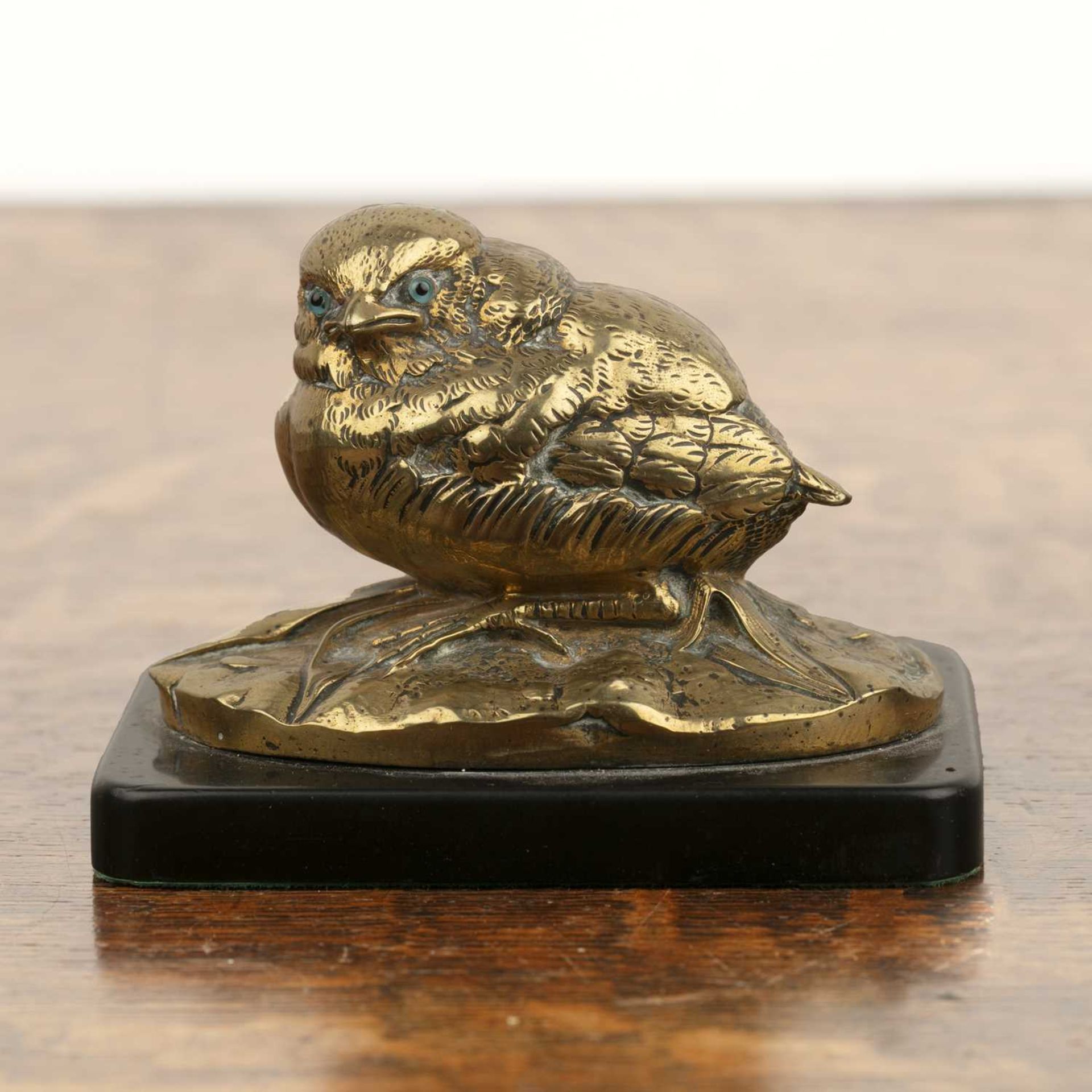 After Louis Villeminot (1826-c1914) small gilt bronze model of a bird, on a marble rectangular base,
