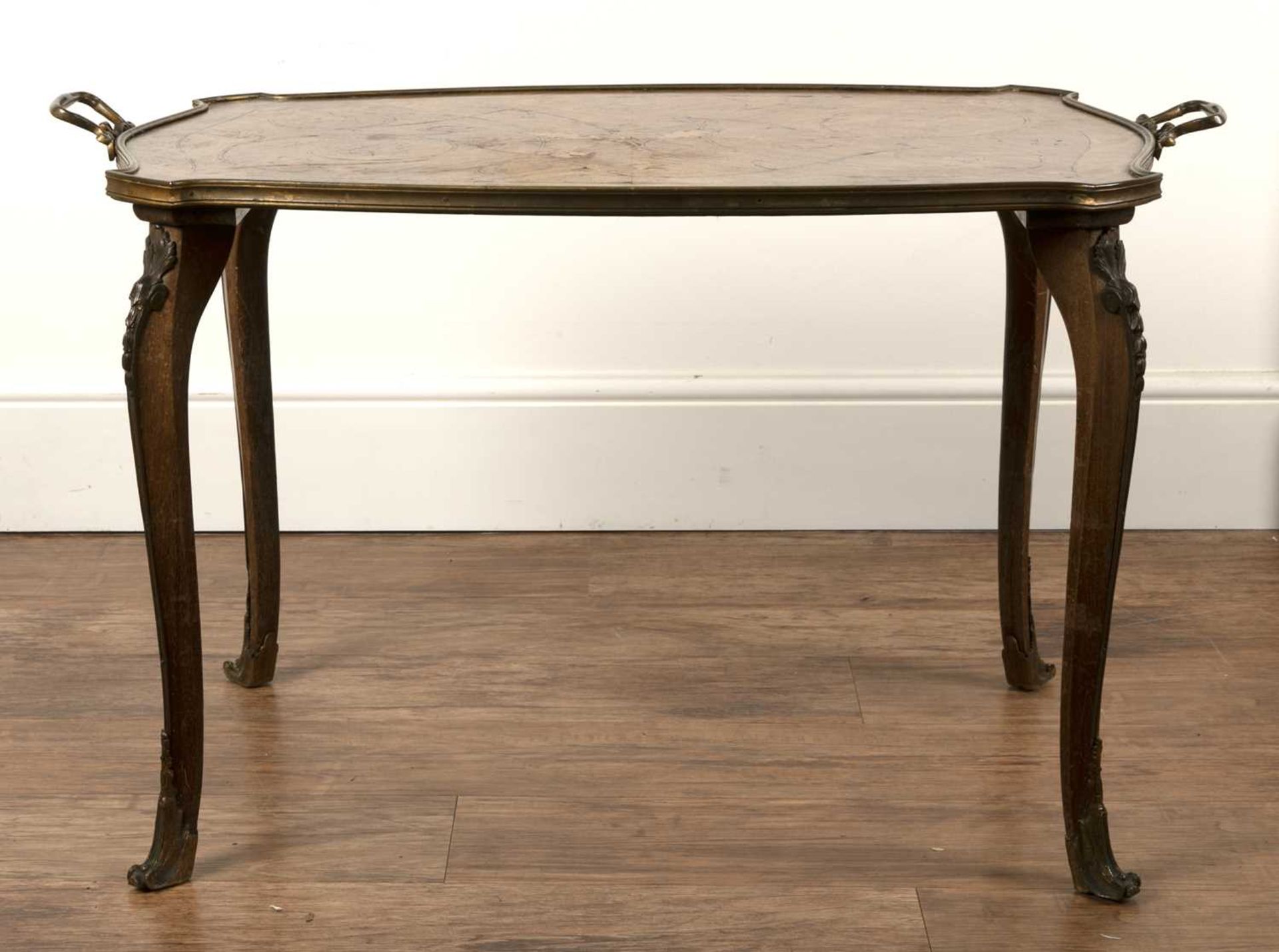 Marquetry and gilt metal low table French, the shaped top with carrying handles, 92cm long x 56cm - Image 2 of 4
