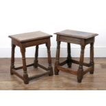 Two oak joint stools 18th Century and later, the larger example measures 44cm x 27.5cm x 51.5cm, the