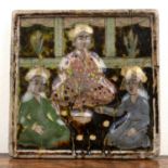 Qajar tile with a brown background, depicting three seated figures, with a border, 16cm x 15.5cmWear