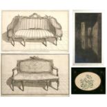 Small group of pictures including a pair of French engravings after J C de la Fosse of canapes, 21cm