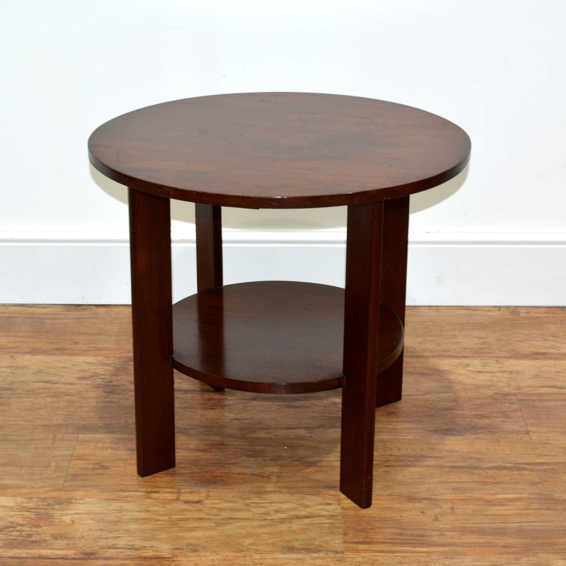 Art Deco mahogany, side or coffee table, with circular top and undertier shelf, unmarked, 60cm