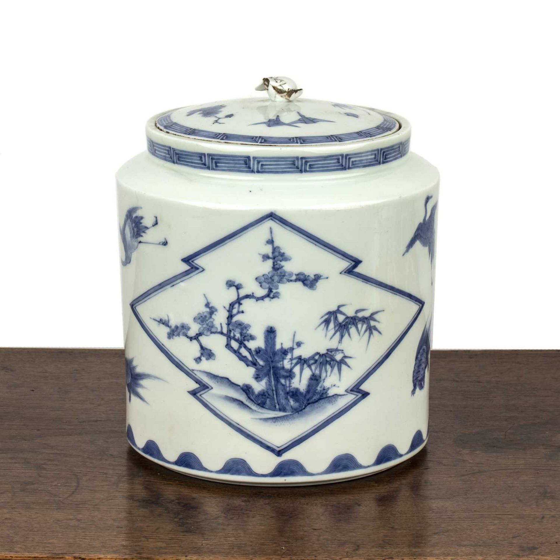 Hirado blue and white porcelain jar and cover Japanese, painted with stalks and panels of blossom