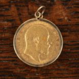 Edward VII sovereign dated 1906, in 9ct gold circular pendant mount, 9g approx overallAt present,