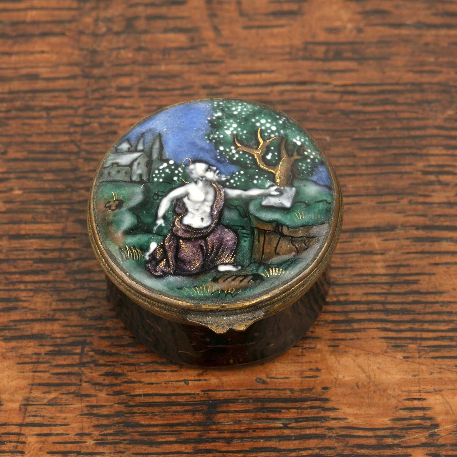 Limoges enamel pill box French, 18th Century, painted with a saint, and with delicately painted