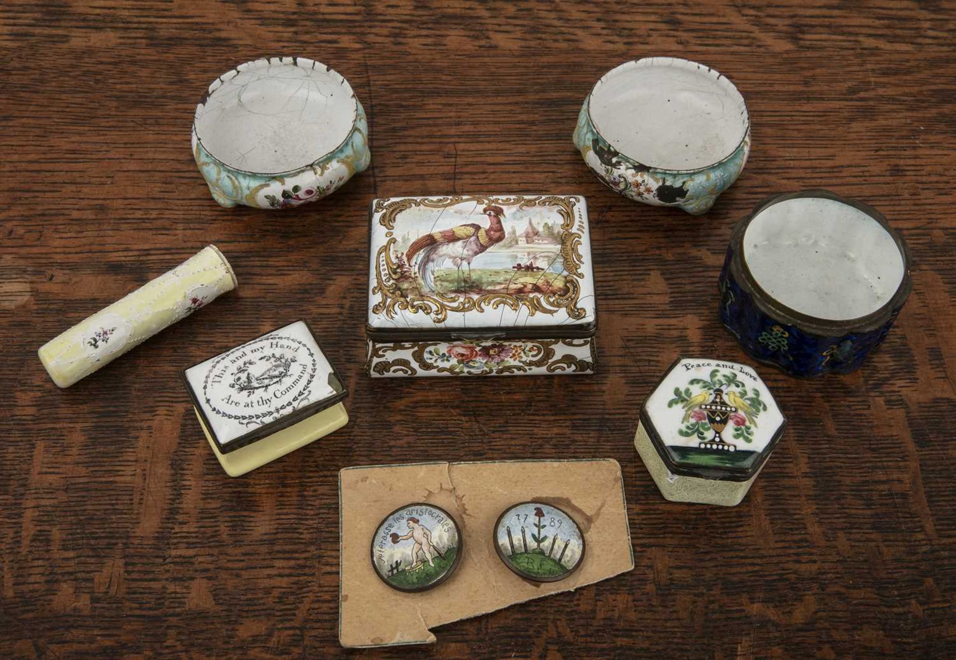 Group of enamel pieces including a Battersea box painted with a peacock, 7.5cm, two French enamel