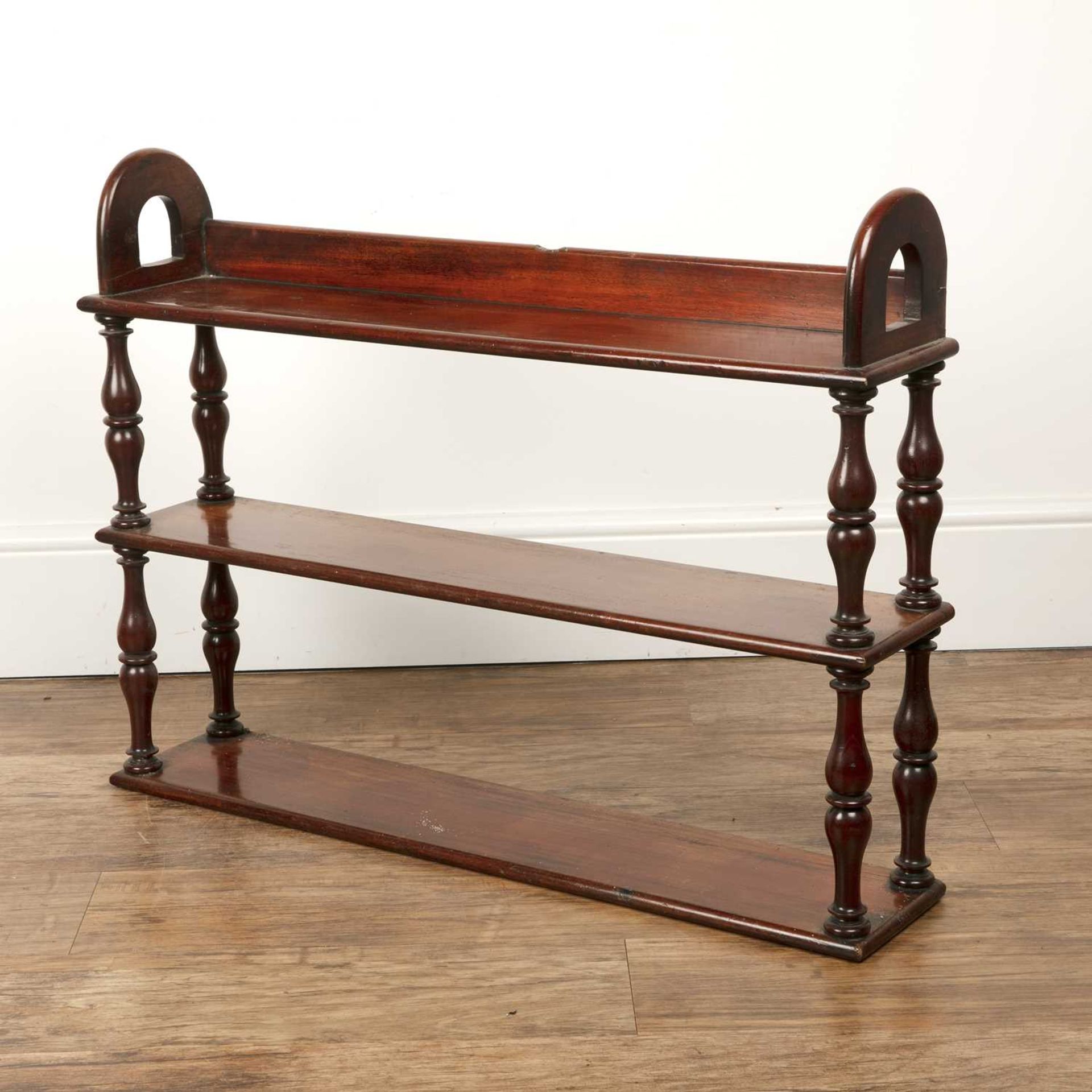 Mahogany three tier shelf Victorian, with turned supports, 81cm wide x 60cm high x 16cm deepWith - Image 3 of 4